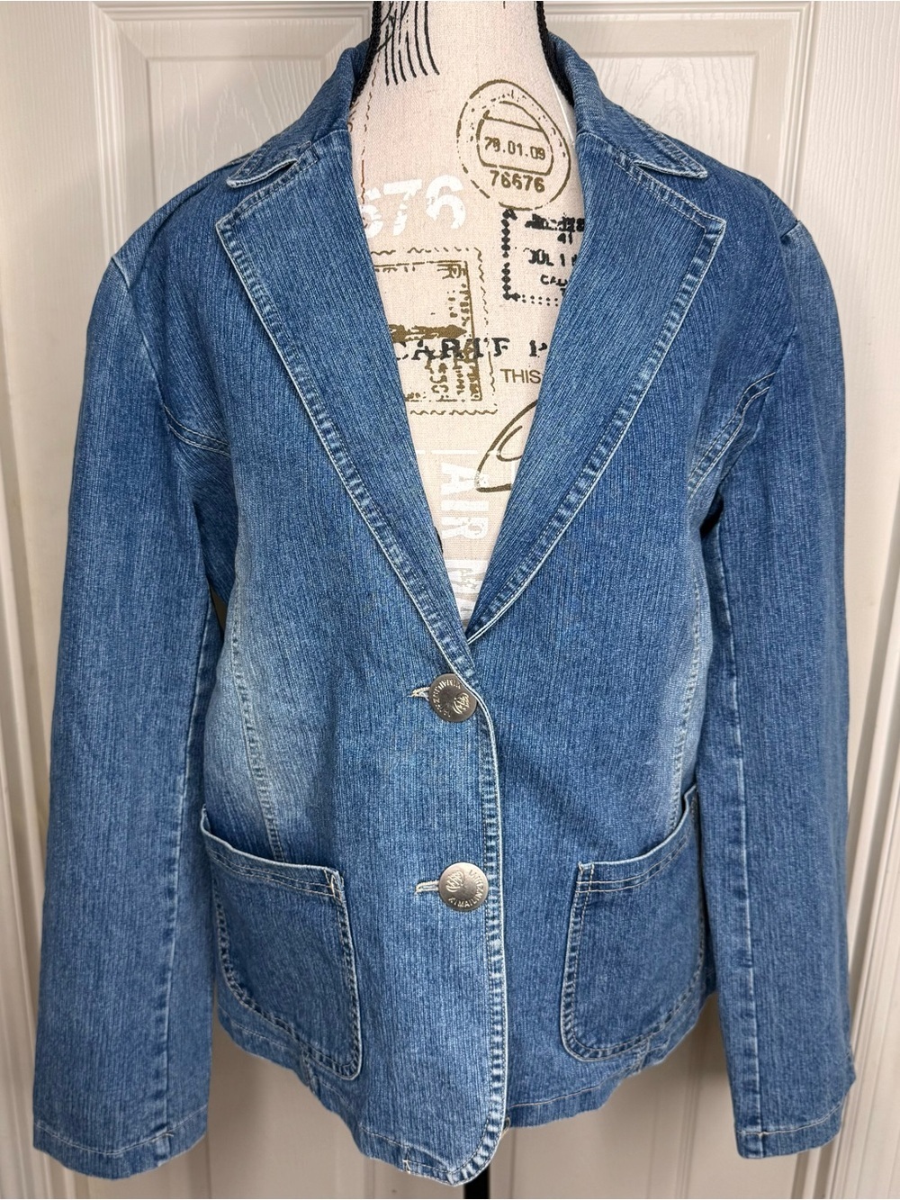 Carol’s Denims 1XL Vintage Denim Blazer Jacket Blue 100% Cotton Button Front Y2K